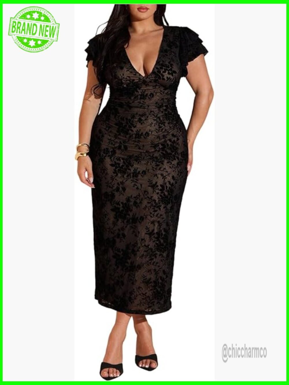 Plus Size Floral Maxi Dress Deep V Ruffle Sleeve Bodycon Mesh Wedding Guest